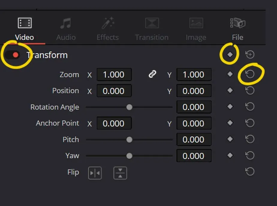 From Right, the Bypass button, the Keyframe rhombus and the Reset Property button.