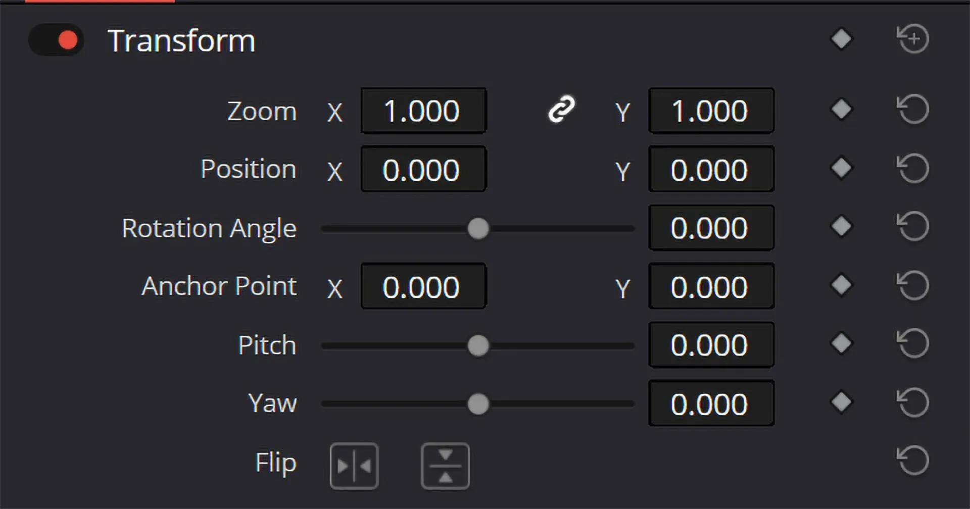 The Transform section of the Inspector, with Zoom, Position, Rotation Angle, Anchor Point, Pitch, Yaw and Flip controls