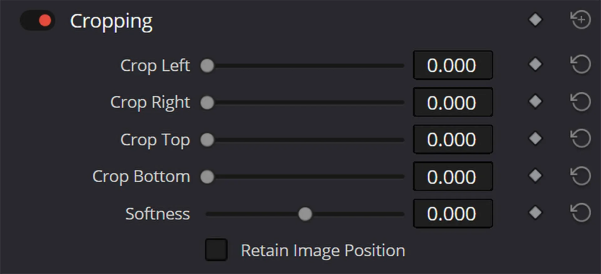The Cropping section of the Inspector, with Crop Left, Right, Top, Bottom and Softness sliders