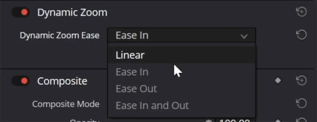 The Dynamic Zoom Ease menu open, listing Linear, Ease In, Ease Out and Ease In and Out