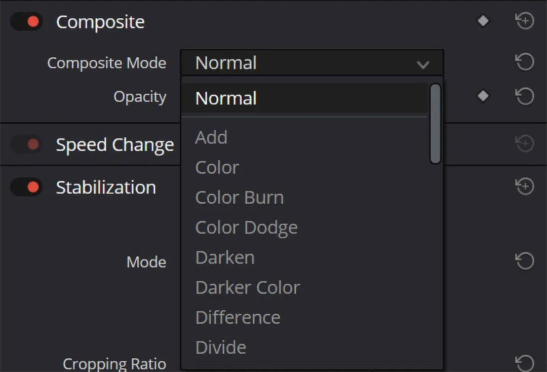The Composite Mode menu open, listing blend modes such as Normal, Add, Color, Color Burn and Color Dodge