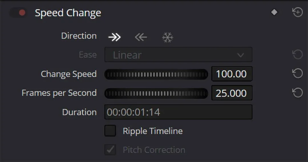 The Speed Change section, with Change Speed at 100 and Frames per Second at 25