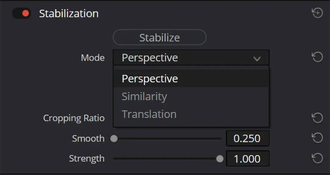 The Stabilization section with the Mode menu open, showing Perspective, Similarity and Translation