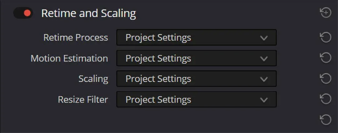 The Retime and Scaling section, with Retime Process, Motion Estimation, Scaling and Resize Filter set to Project Settings