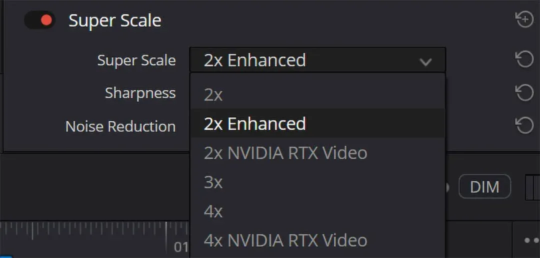 The Super Scale menu open, listing 2x, 2x Enhanced, 2x NVIDIA RTX Video, 3x, 4x and 4x NVIDIA RTX Video