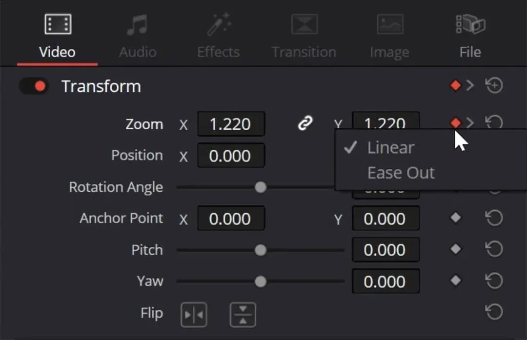 The Transform Zoom controls with keyframes, and a menu offering Linear and Ease Out interpolation