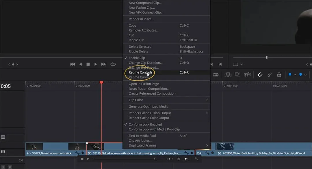 Right-click menu on a timeline clip with the speed option circled in yellow