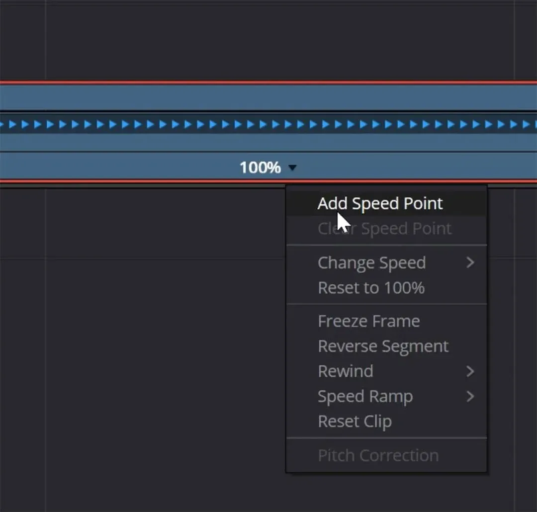 The clip speed menu with “Add Speed Point” highlighted on the timeline