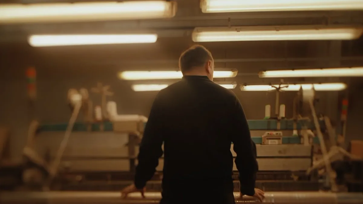 A man seen from behind in a sofa factory, under rows of fluorescent lights