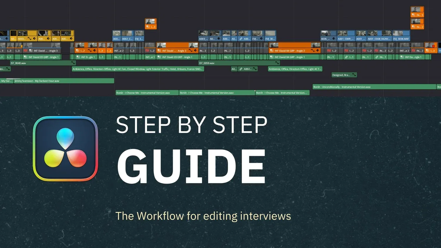 Thumbnail with the DaVinci Resolve logo over an editing timeline and the text “Step by step guide: the workflow for editing interviews”