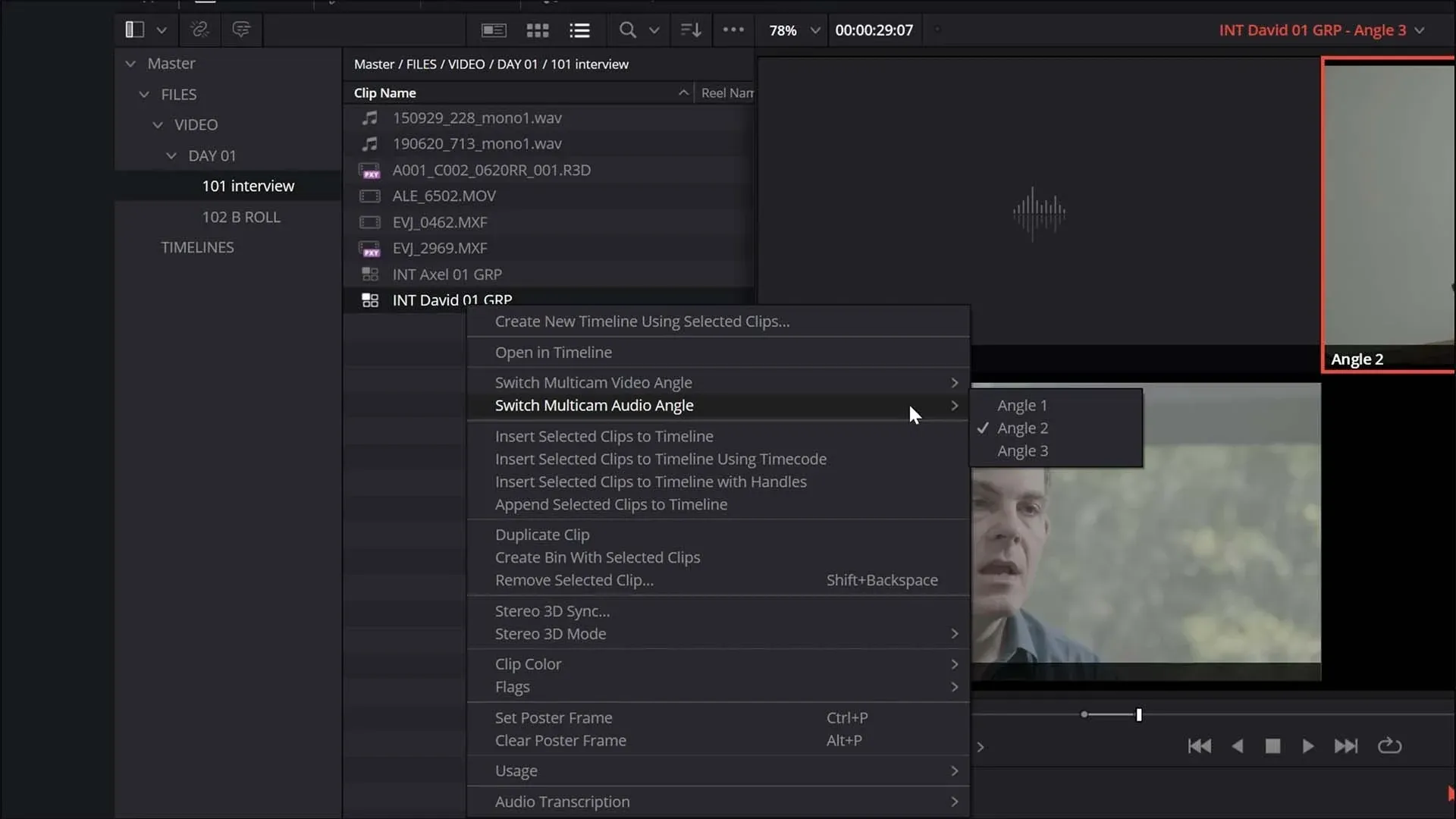 Preselecting Multicam Video and Audio angles.
