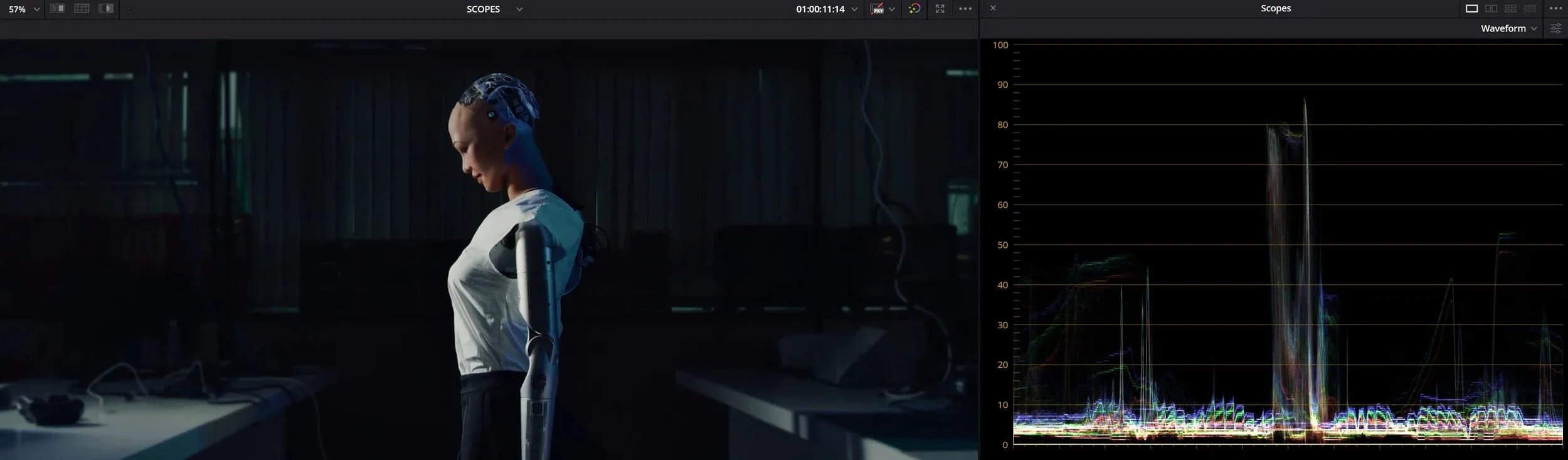A frame from “The Missing Head”. Here you can see the shirt highlights in the Waveform.