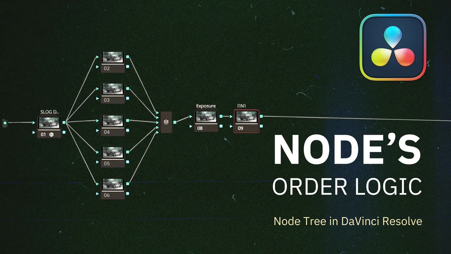 Thumbnail of a node tree with the text “Node’s order logic: node tree in DaVinci Resolve”