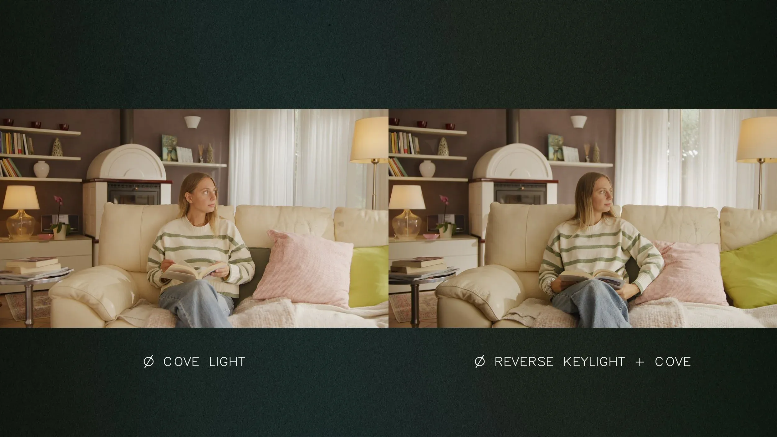 Side-by-side test of a woman on a sofa lit with the cove light (left) and with reverse key light plus cove (right)