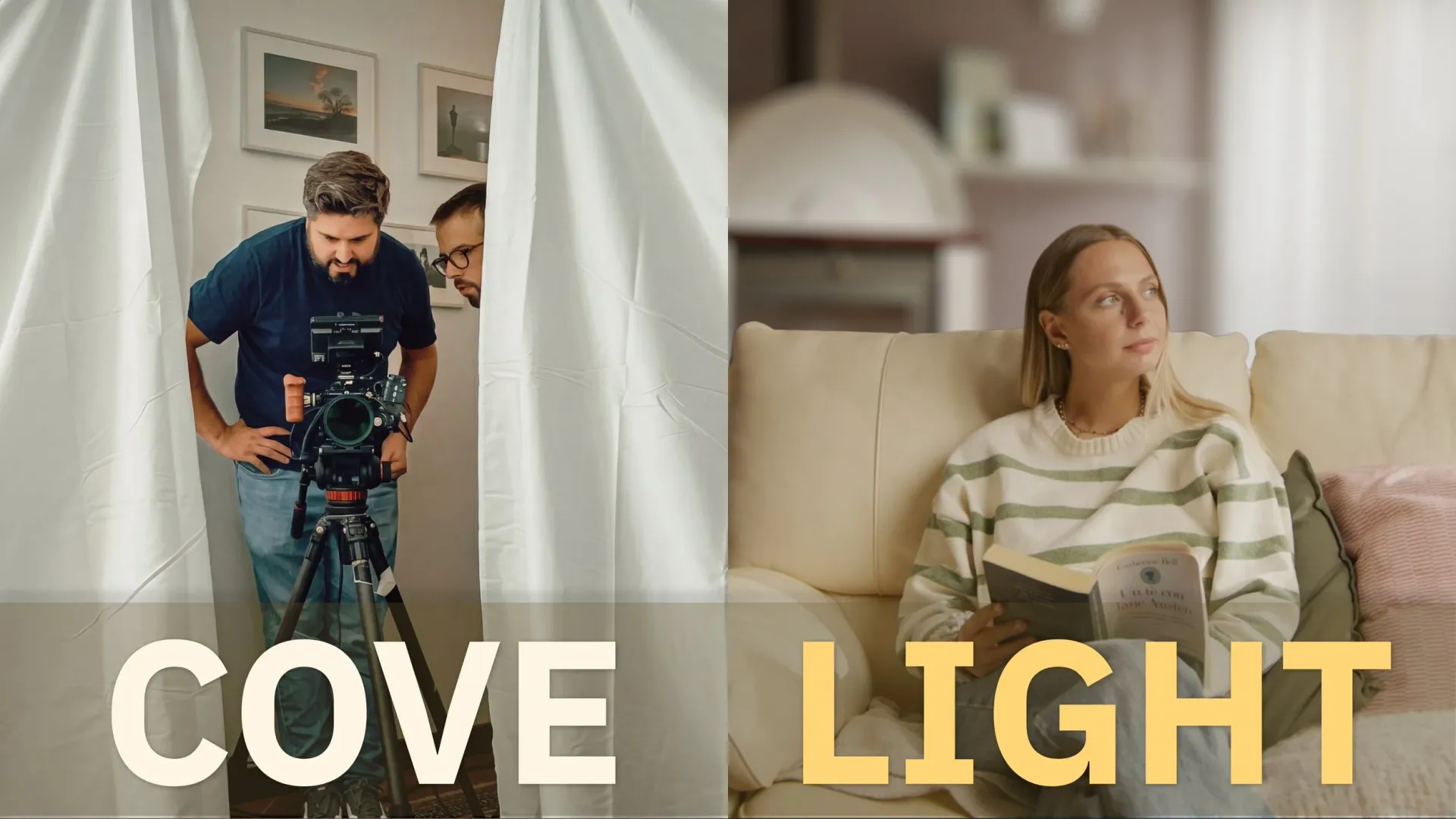 Thumbnail with the words “Cove light”: a filmmaker with a camera on a tripod next to a woman on a sofa, lit by soft window light