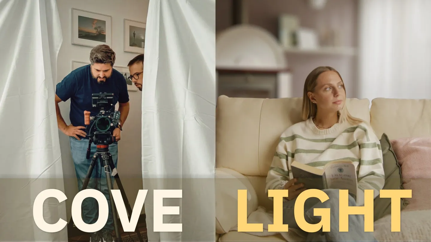 Thumbnail with the words “Cove light”: a filmmaker with a camera on a tripod next to a woman on a sofa, lit by soft window light