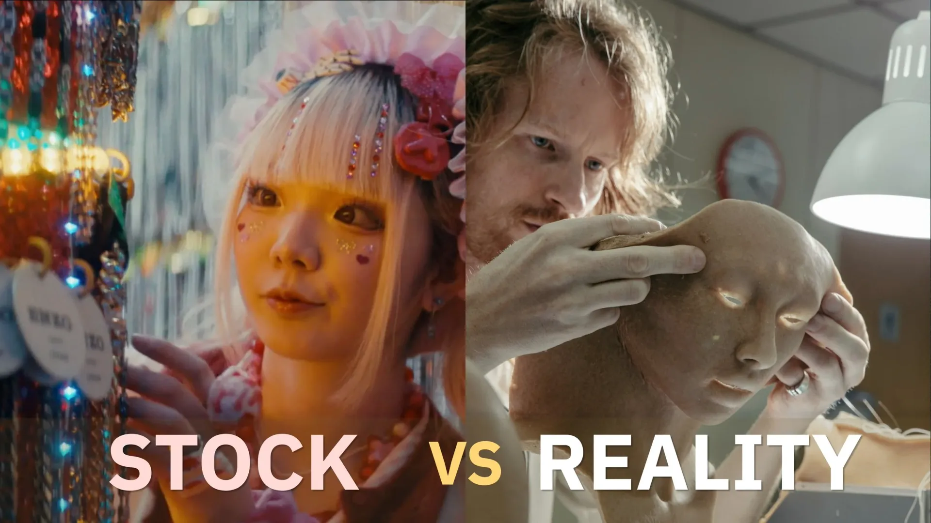 Split thumbnail captioned “Stock vs reality”: a colorful portrait on the left, a man working on a sculpted head on the right